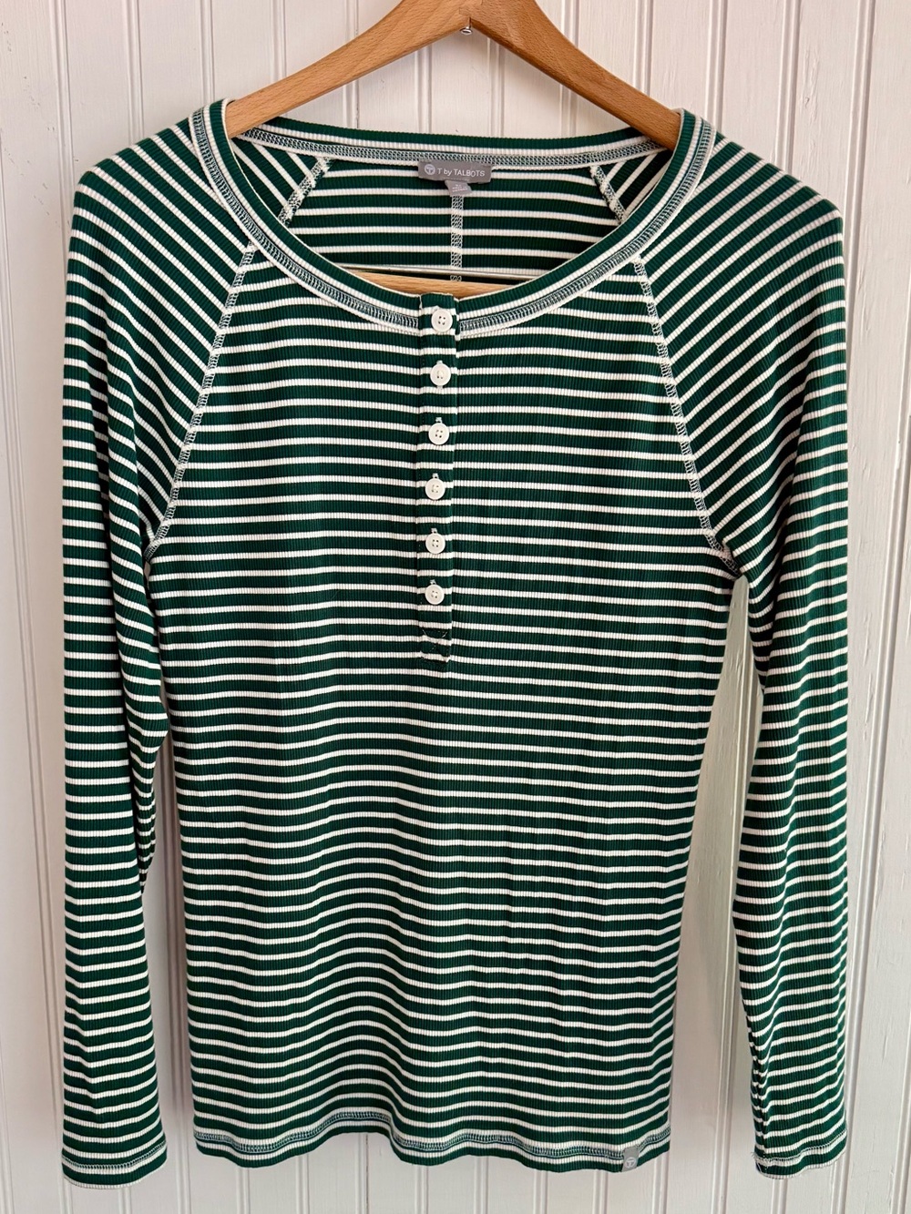 T by Talbots Green and White Striped Henley Small Petite